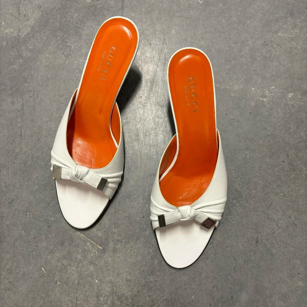 Vintage Y2K Gucci Open Toe Bow Tie Ruched Slip-on Mule Kitten Heels